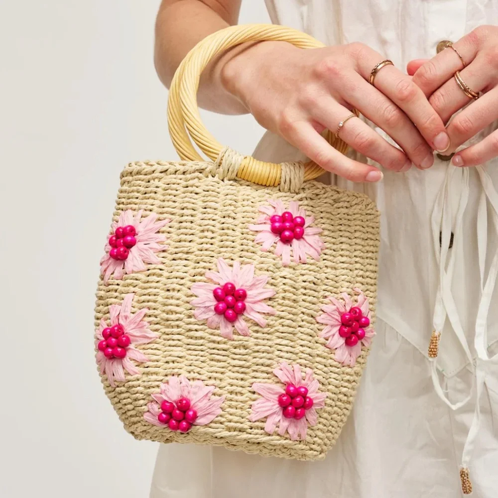 Urban Expressions Woven Straw Satchel with Pink Floral Accents